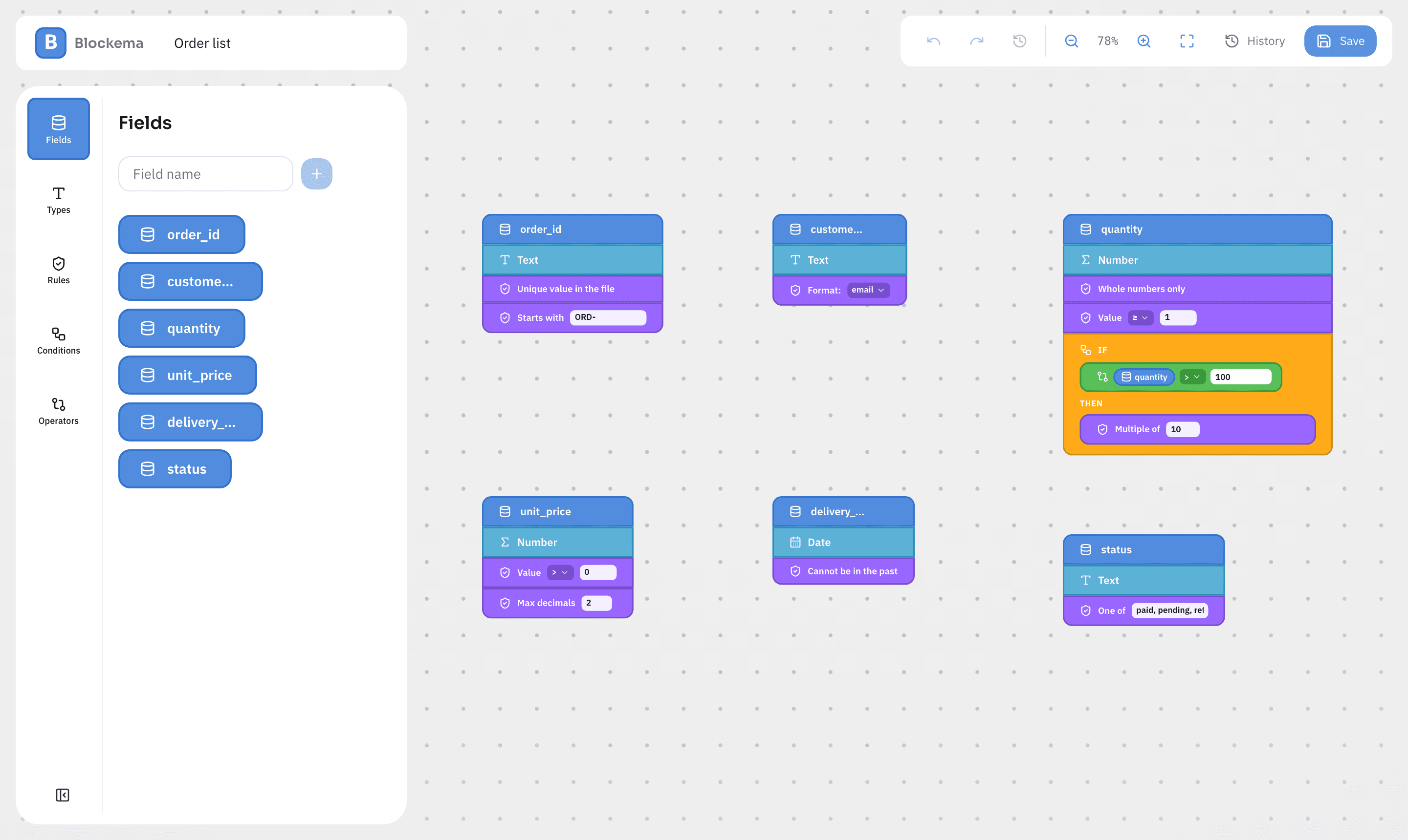 The Blockema schema editor with field, type, rule and condition blocks