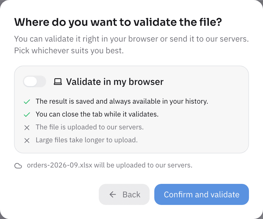 Blockema asking where to validate the file: in your browser or in the cloud