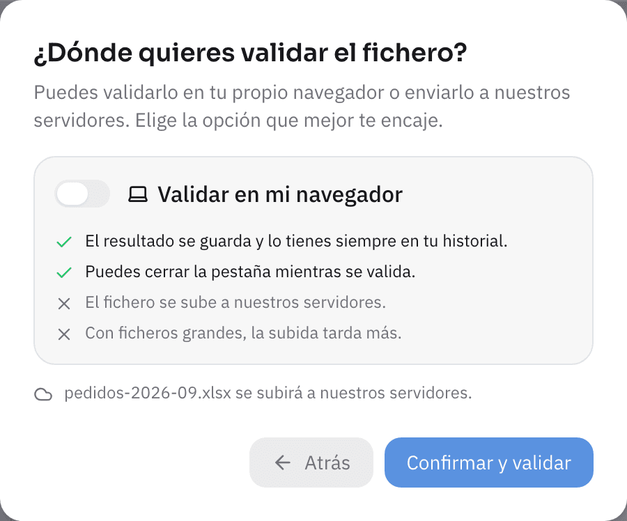 Blockema preguntando dónde validar el fichero: en tu navegador o en la nube